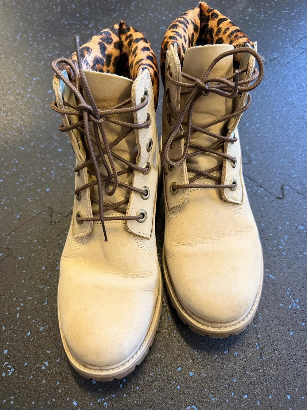 Timberland Tan Lace-Up Boots with Leopard-Print Collar